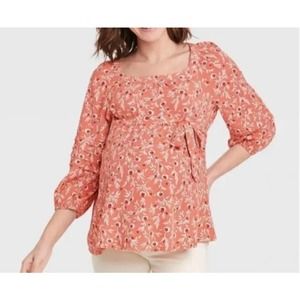 ISABEL MATERNITY Women's X-Large Orange Floral Blouse with Square Neckline NWOT